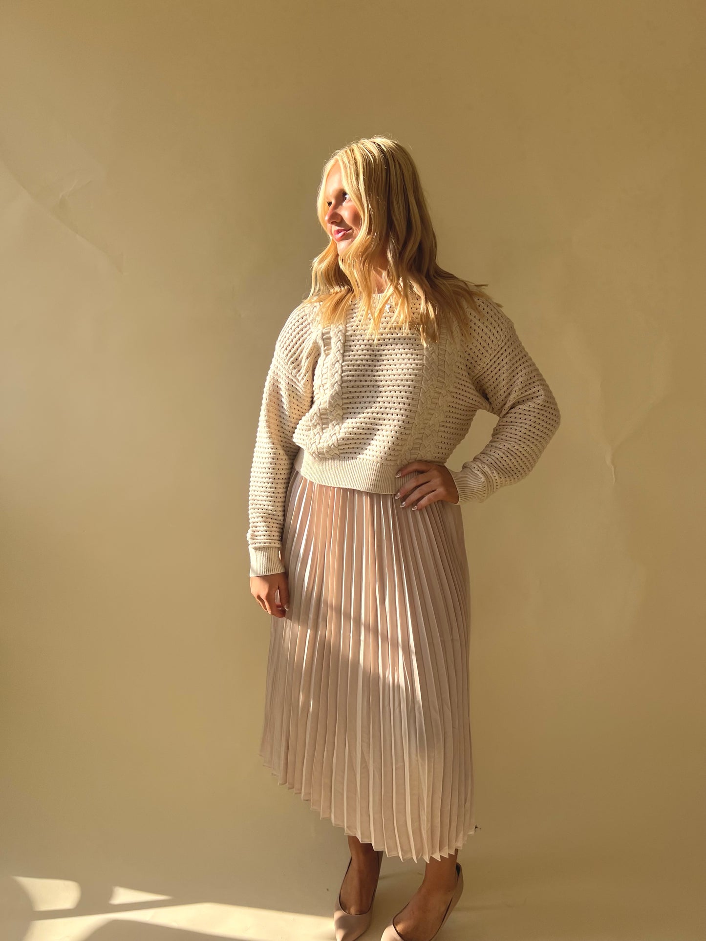 Champagne Pullover Sweater/Pleated Dress