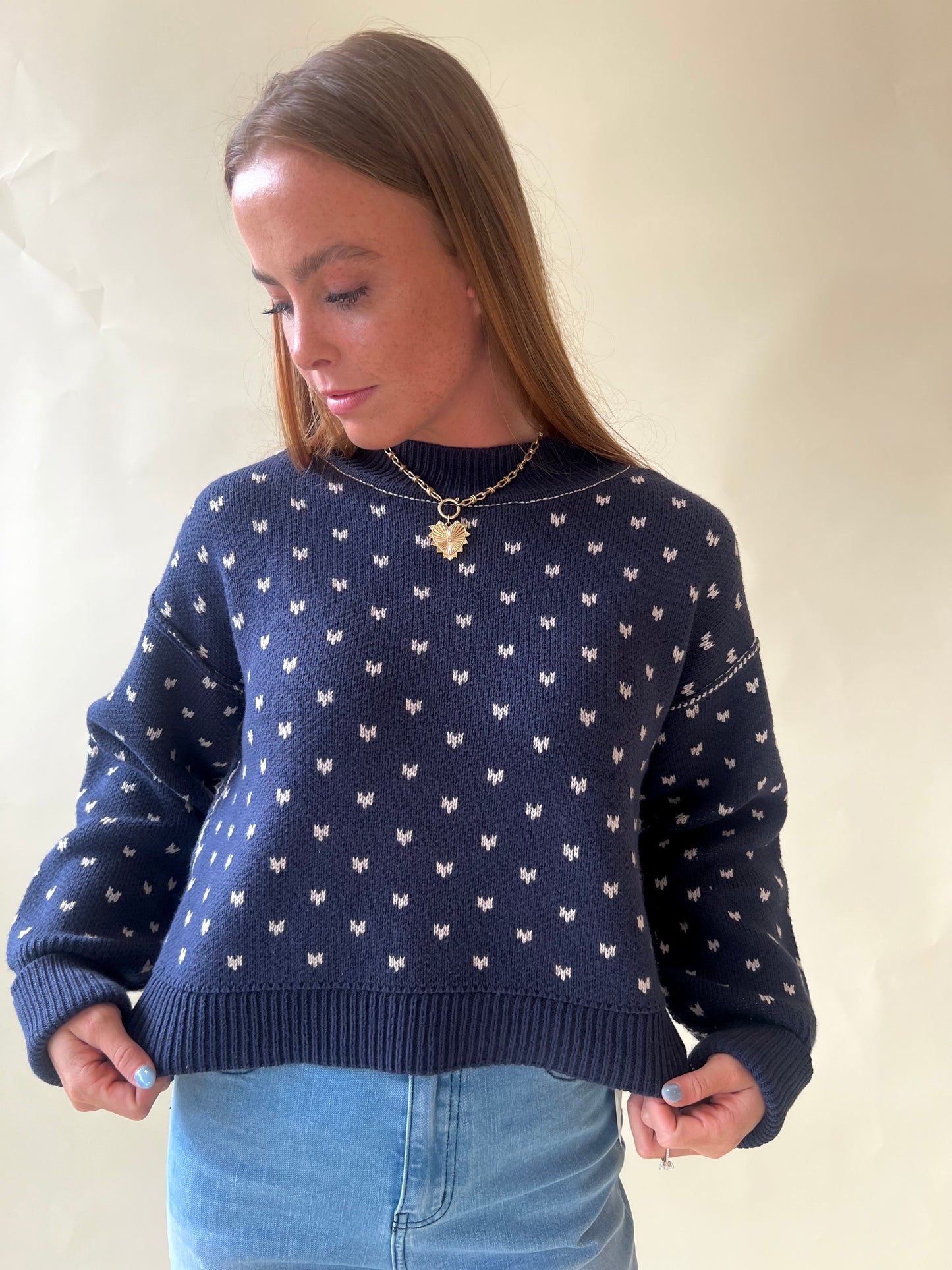 Navy Patterned Crop Sweater Top