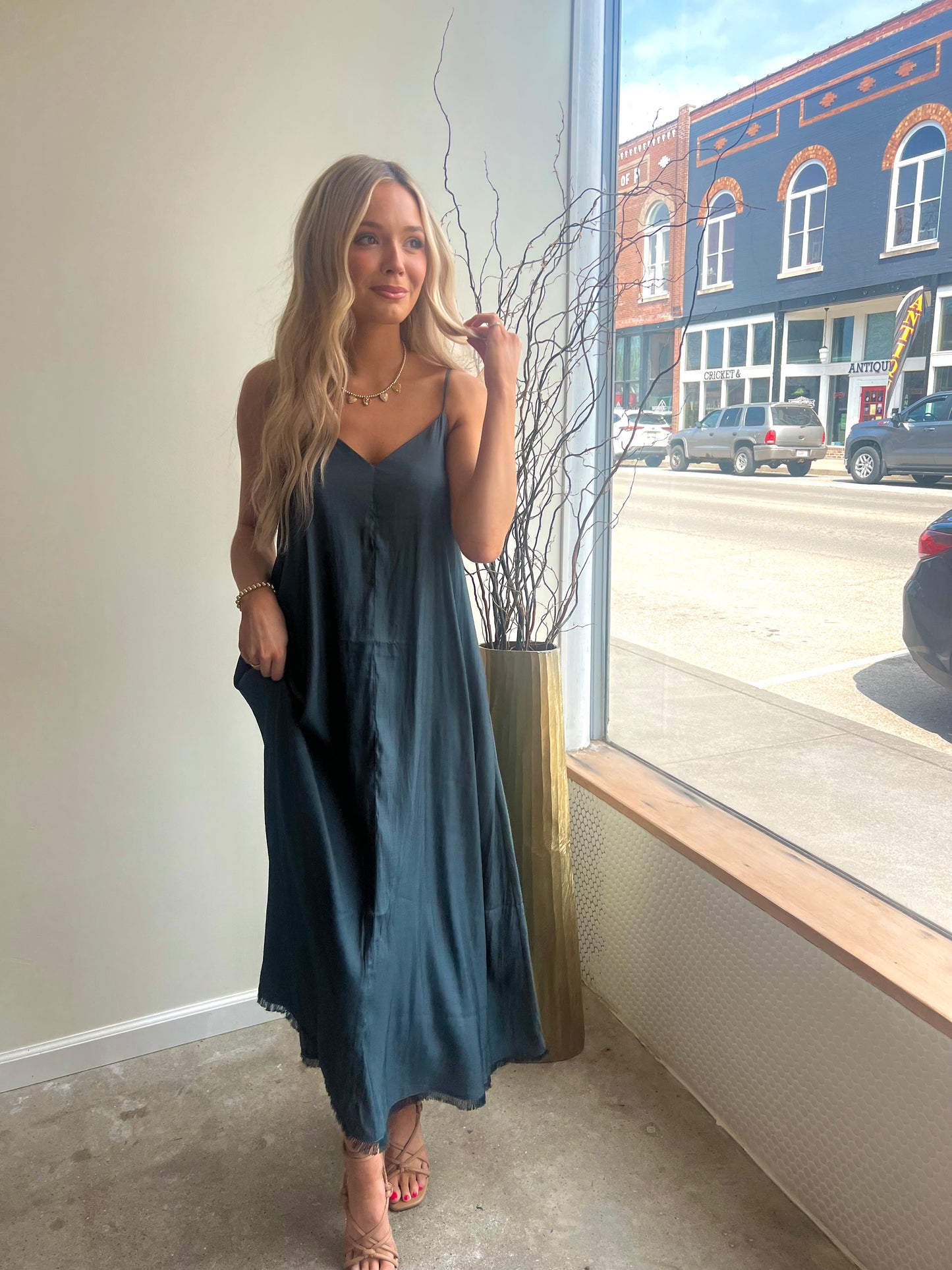 Dark Teal Raw Edge Satin Midi Dress