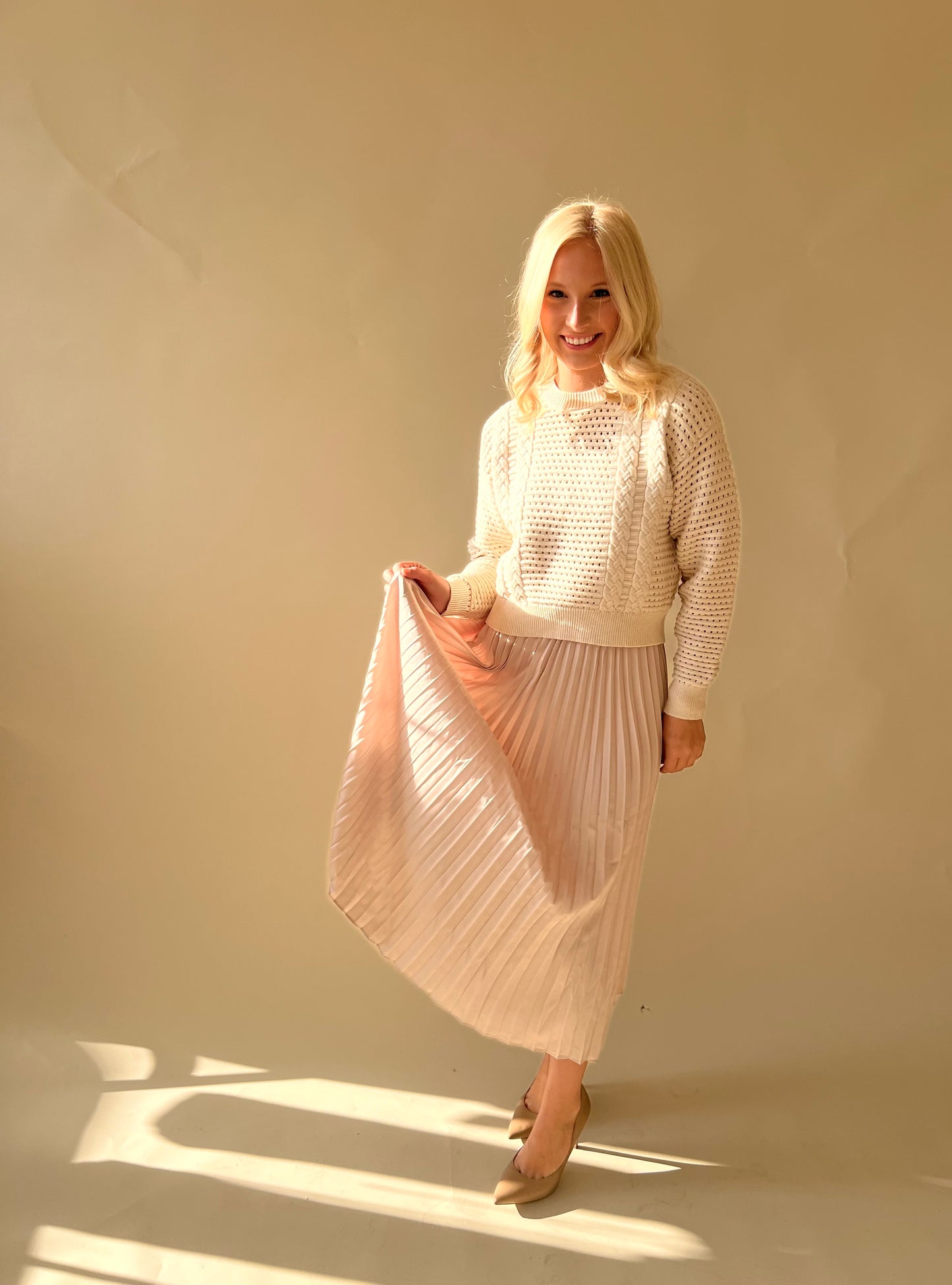 Champagne Pullover Sweater/Pleated Dress