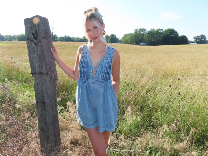 Front Pleated Denim Romper