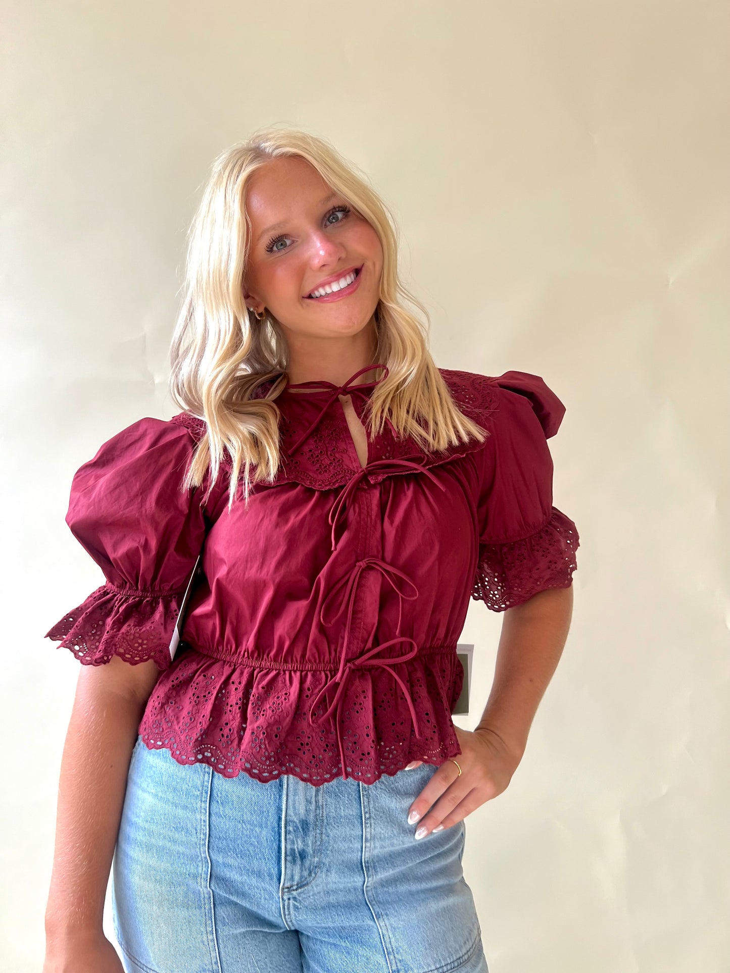 Burgundy Short Sleeve Bow Tie Top