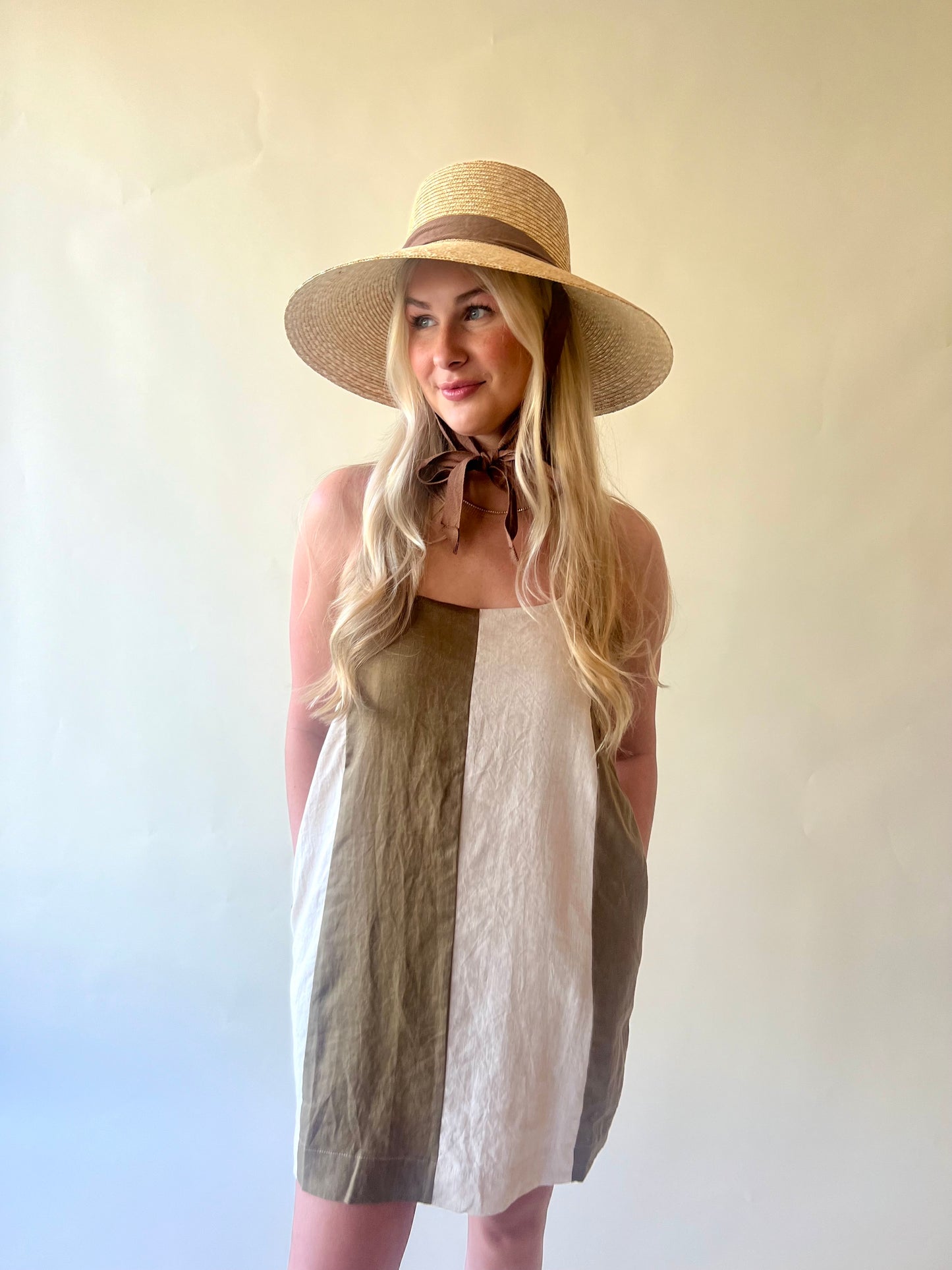 Oatmeal + Olive Color Block Linen Mini Dress