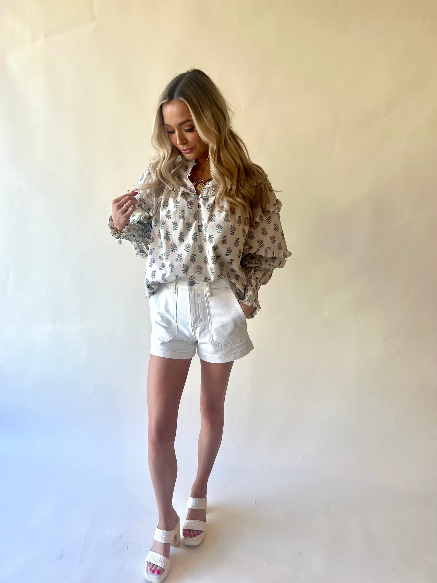 Floral Oyster Ruffle Sleeve Blouse