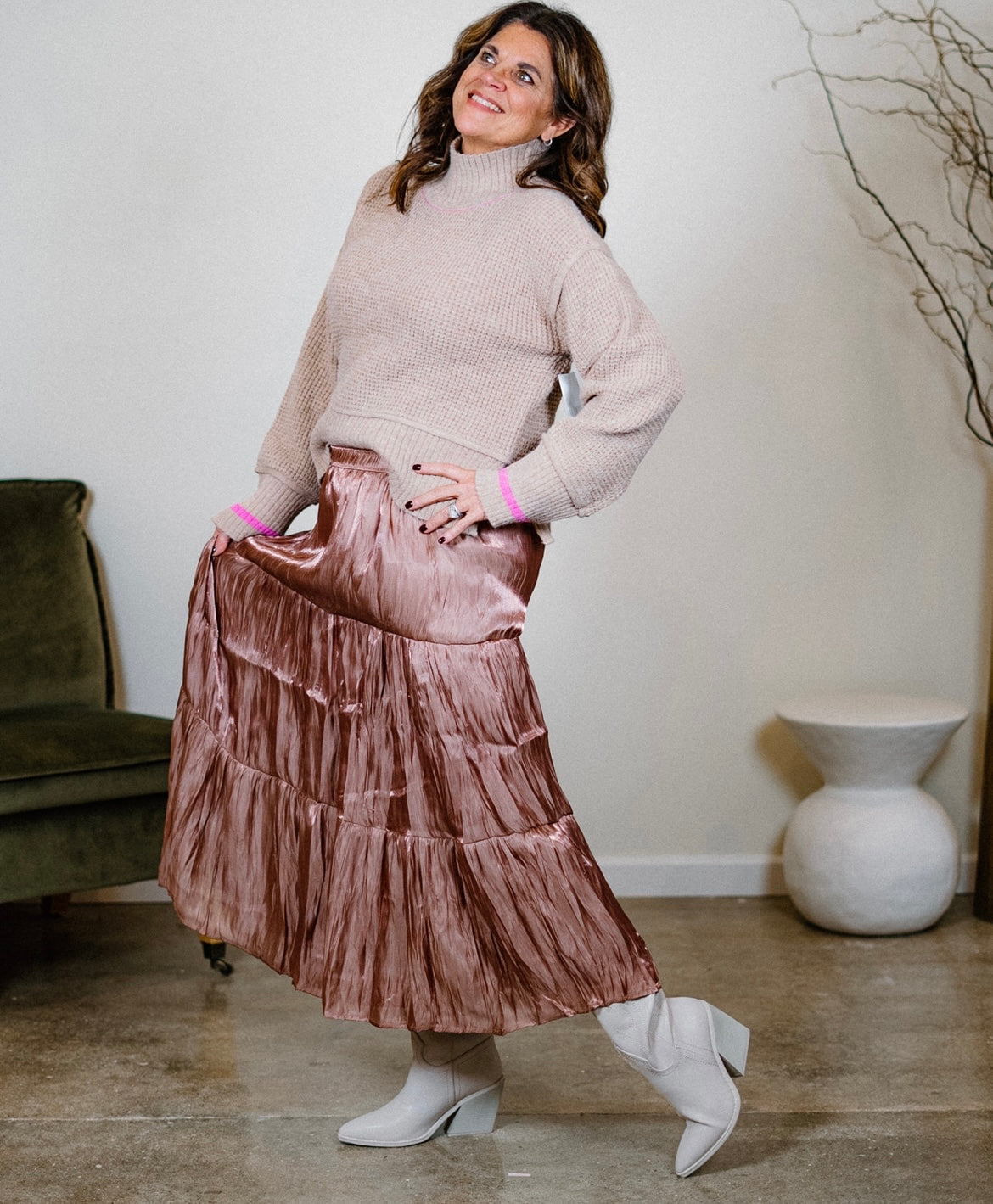 Tiered Crinkle Shimmer Satin Skirt (Ori. $46.99)