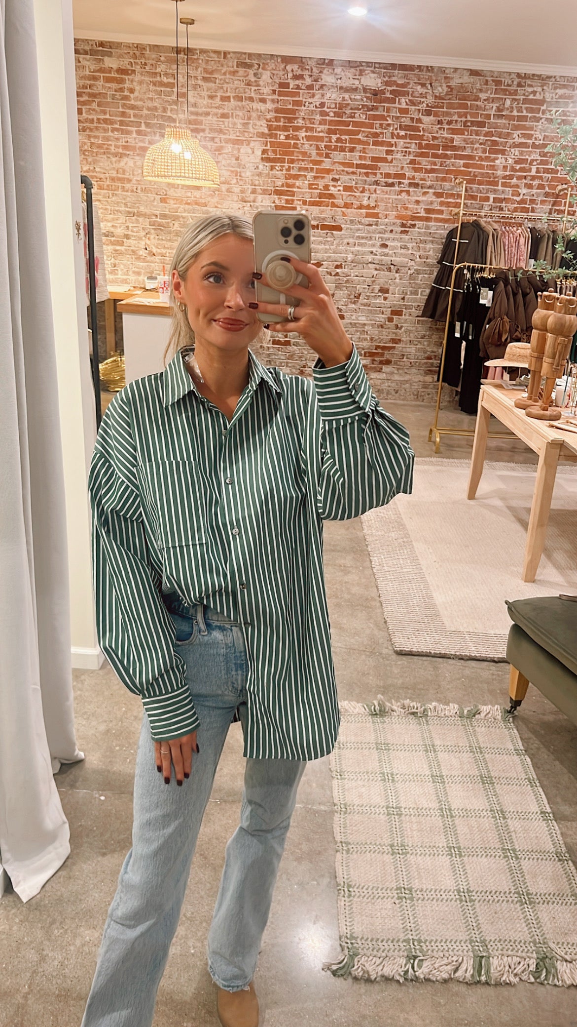 Dark Green + White Stripe Button Up