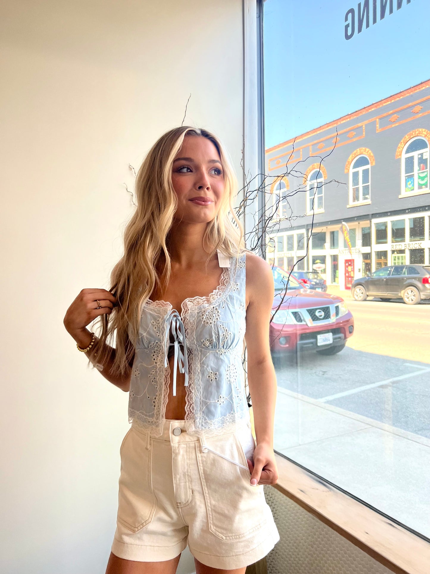 Blue + White Eyelet Tank