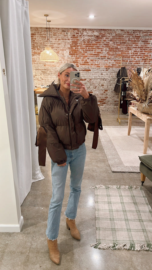 Chocolate Brown Bow Puffer Jacket ($79.99)