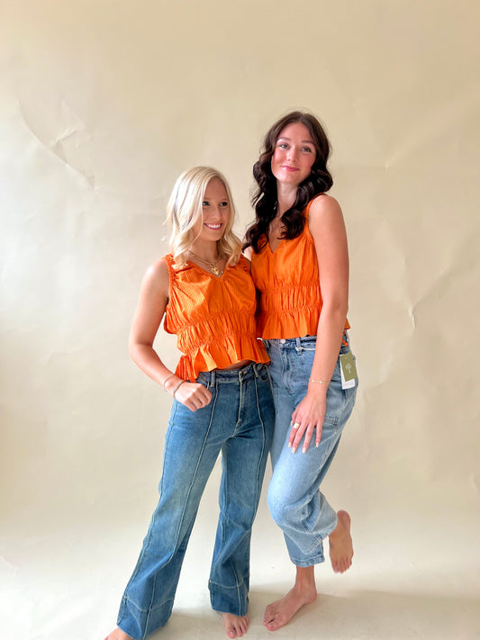 Orange Texured Ruched Top