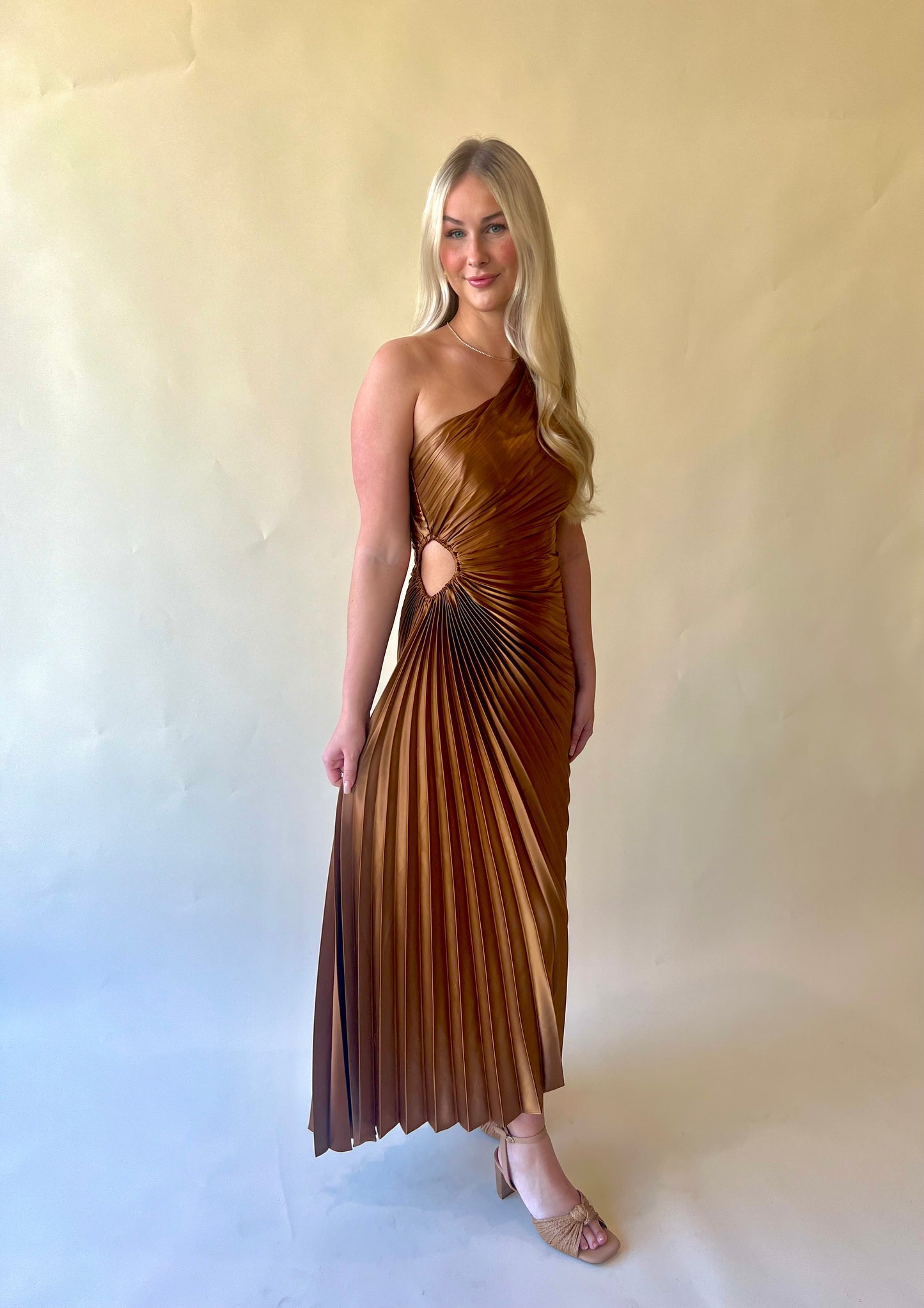 Camel Asymmetrical Pleated Satin Dress