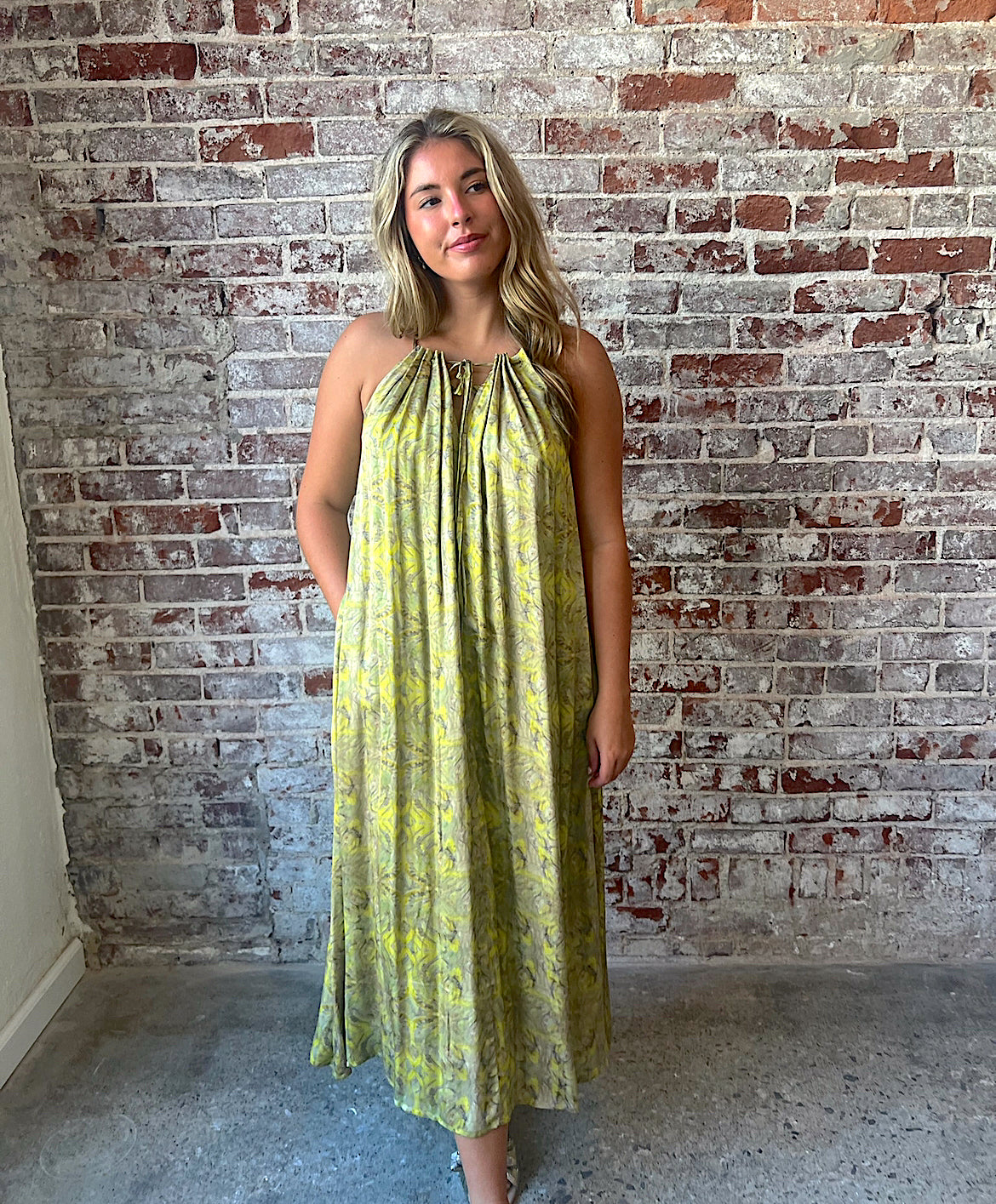 Yellow/Green Silky Halter Dress