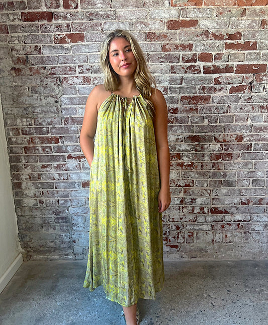 Yellow/Green Silky Halter Dress