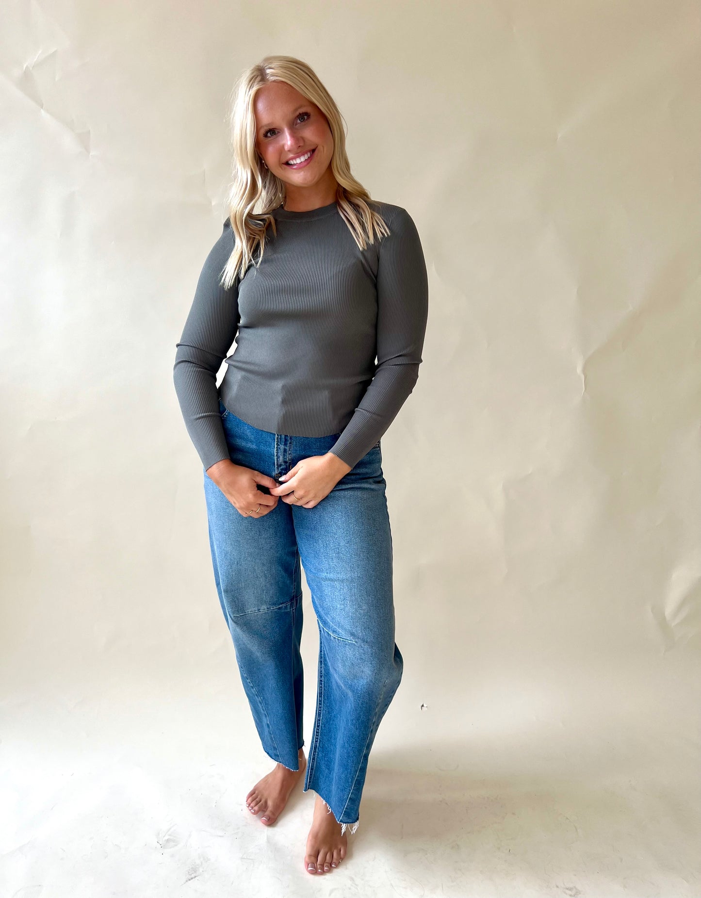 Medium Denim Barrel Jean With Seams