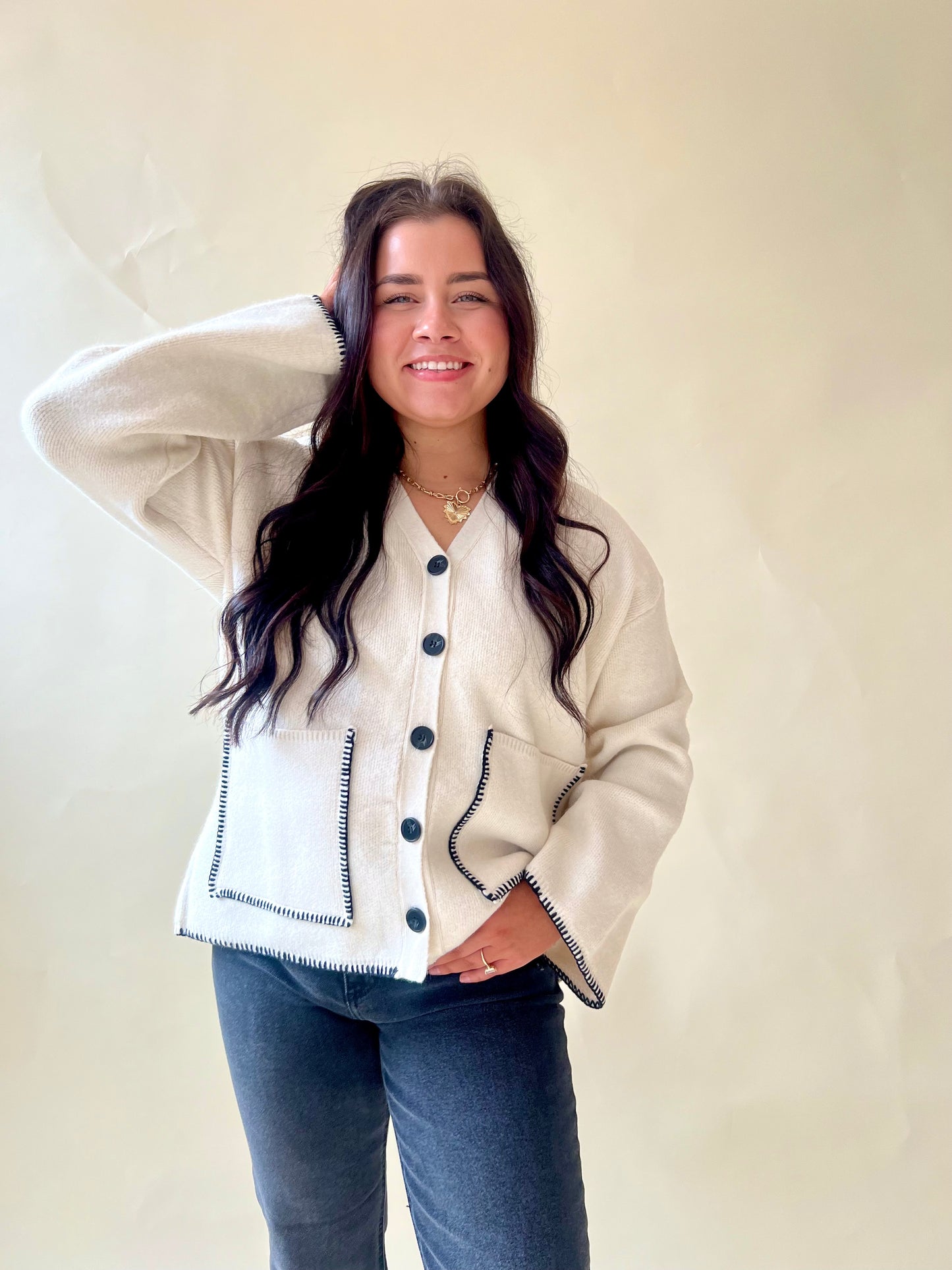 Cream Blanket Stitch Sweater Cardigan