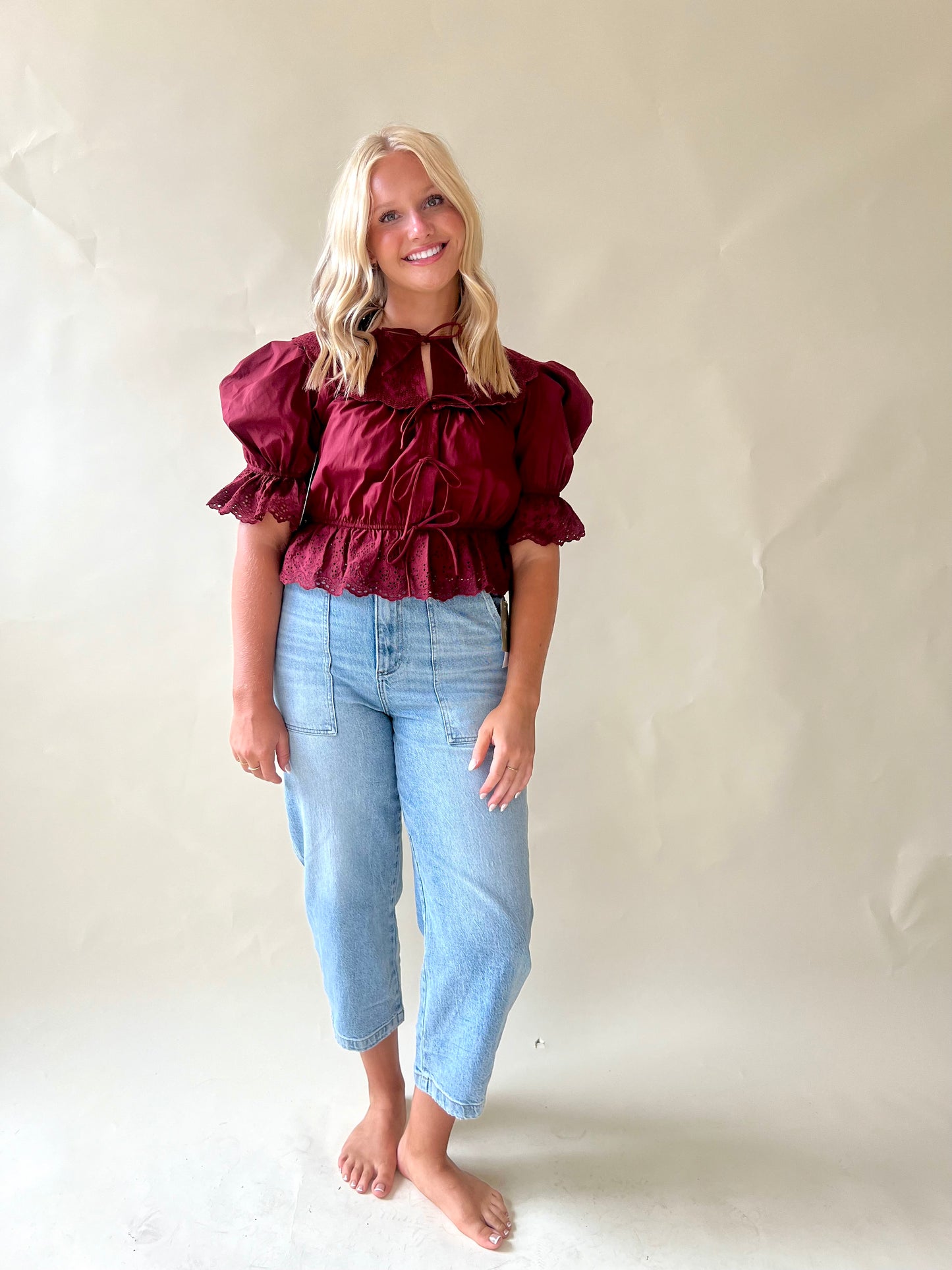 Burgundy Short Sleeve Bow Tie Top