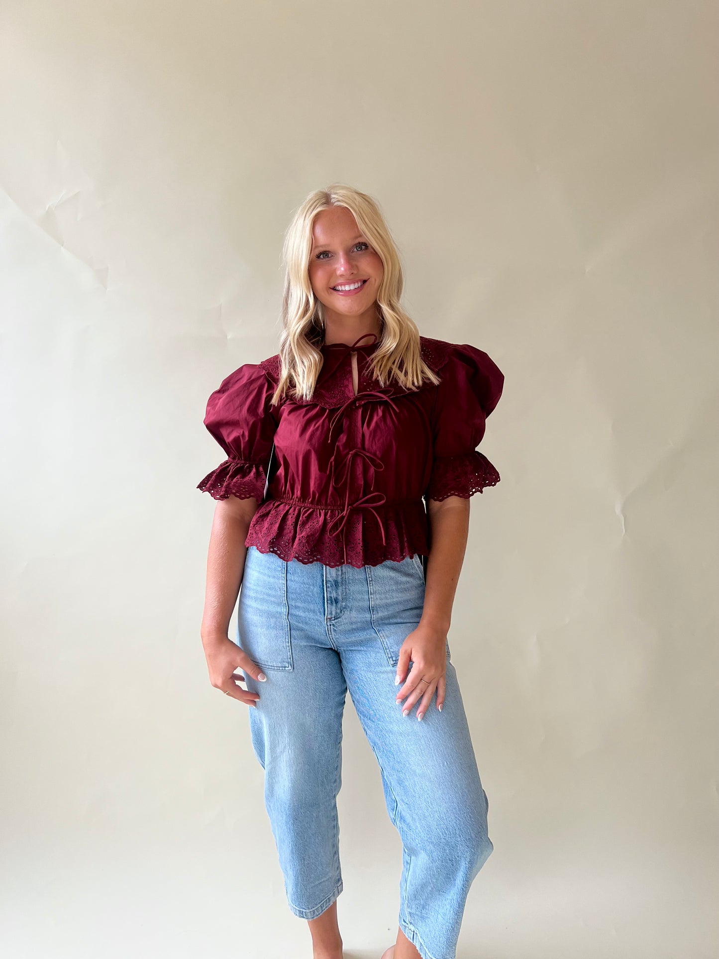 Burgundy Short Sleeve Bow Tie Top