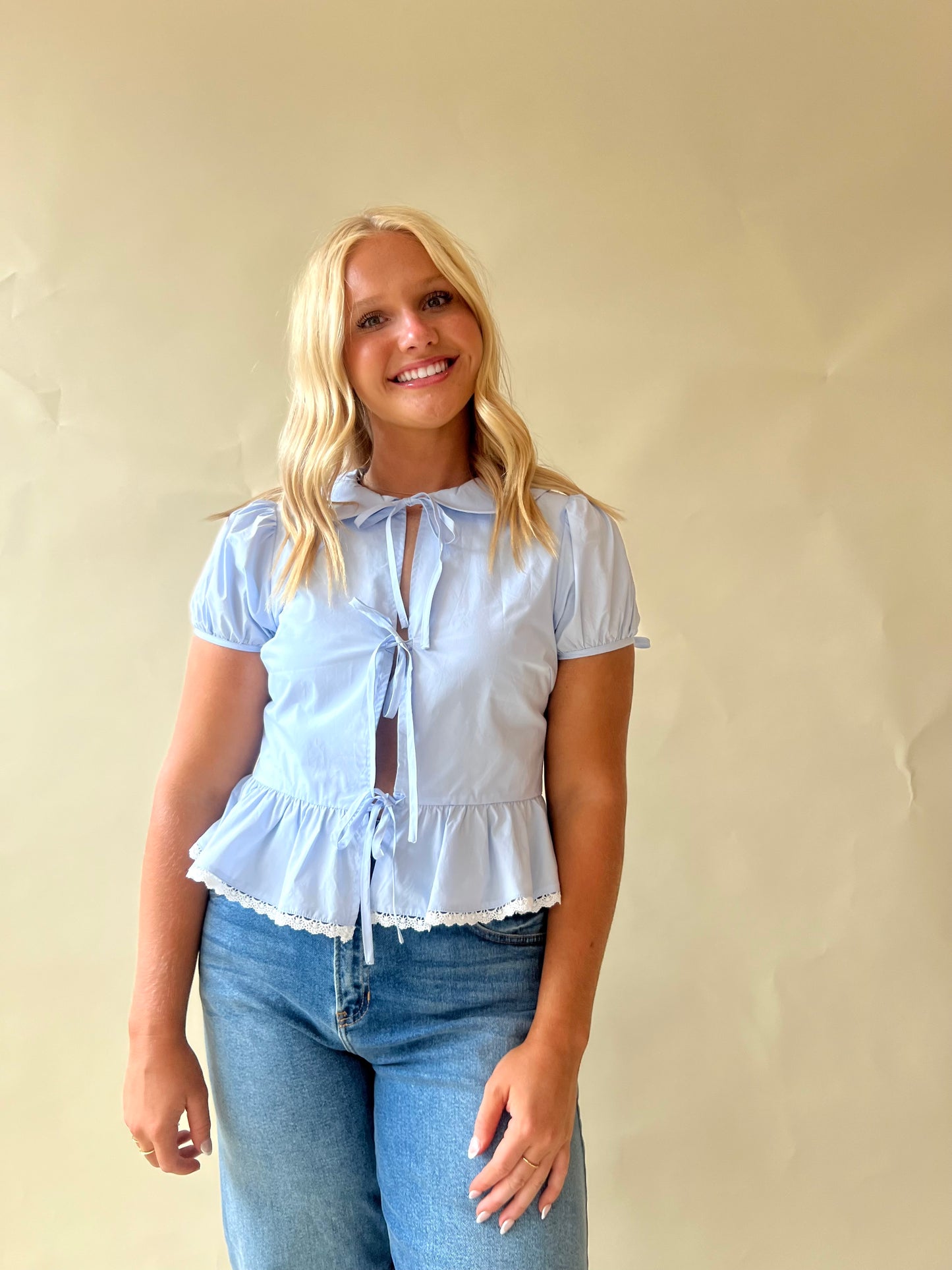 Blue Tie Blouse With With Trim