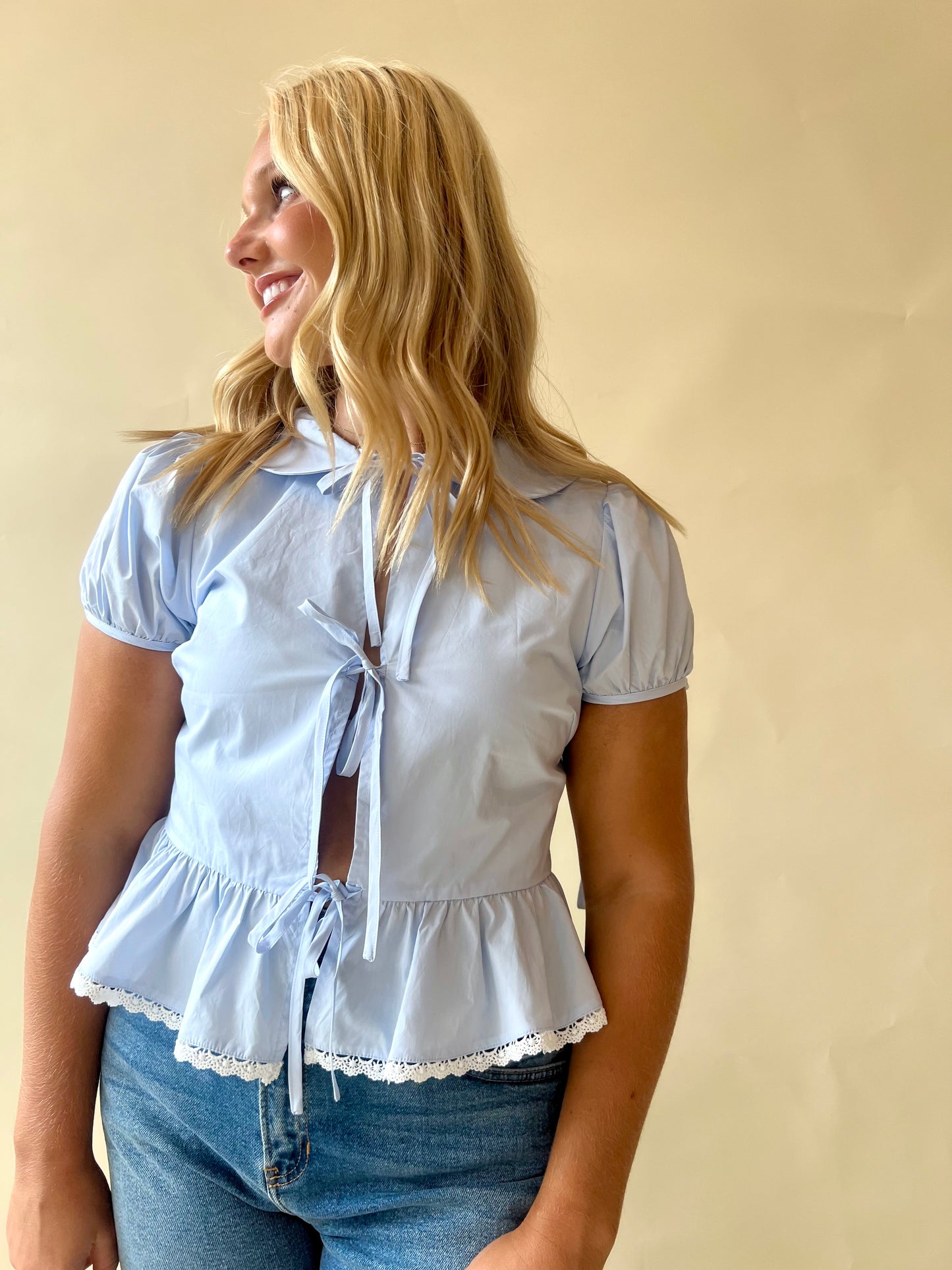 Blue Tie Blouse With With Trim