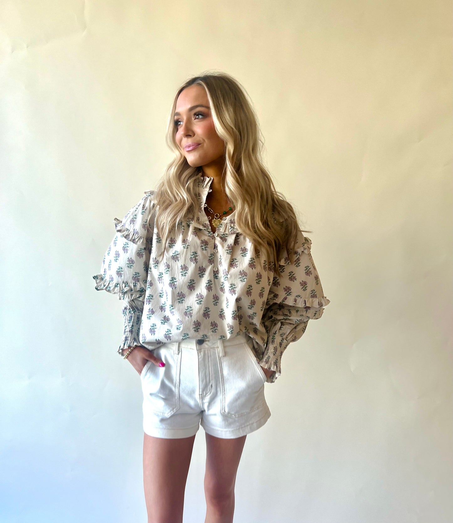 Floral Oyster Ruffle Sleeve Blouse