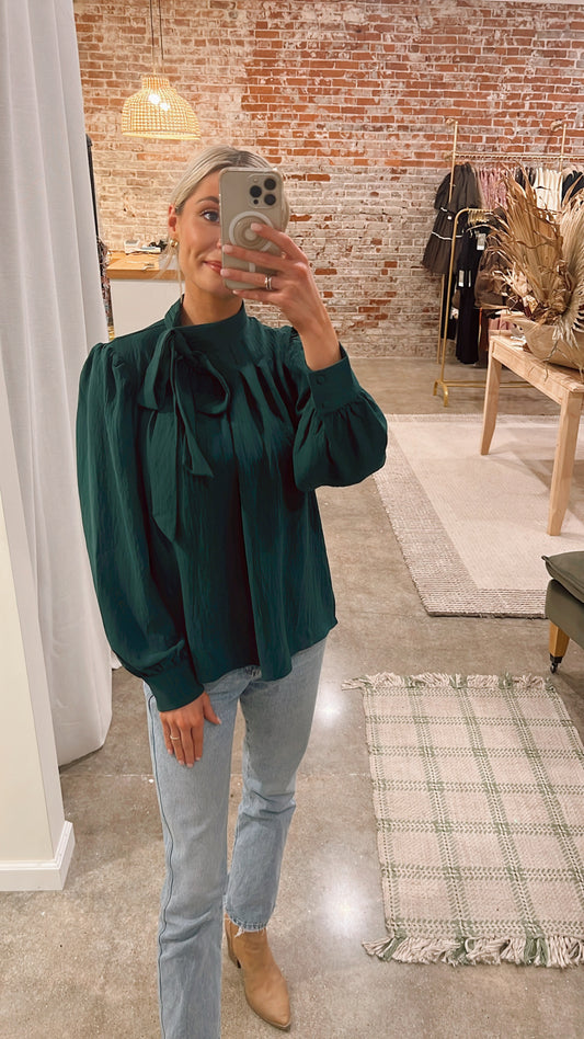 Hunter Green Holiday Bow Blouse