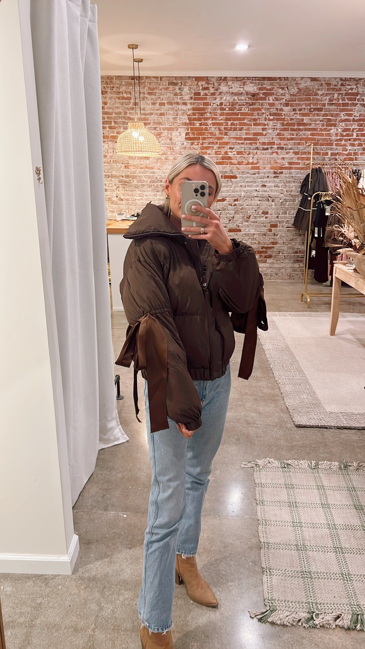 Chocolate Brown Bow Puffer Jacket ($79.99)