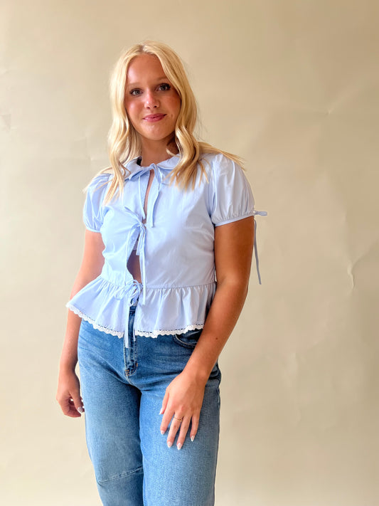 Blue Tie Blouse With With Trim