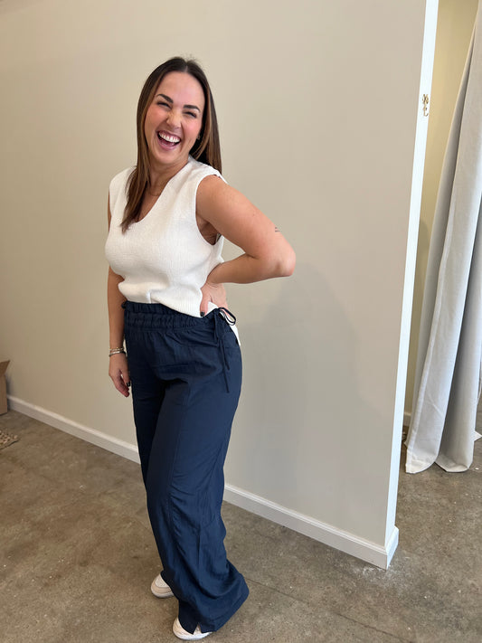 Navy Wide Leg Elasticized Waist Pants