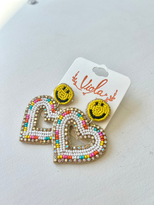 Beaded Heart Smiley Face Earrings