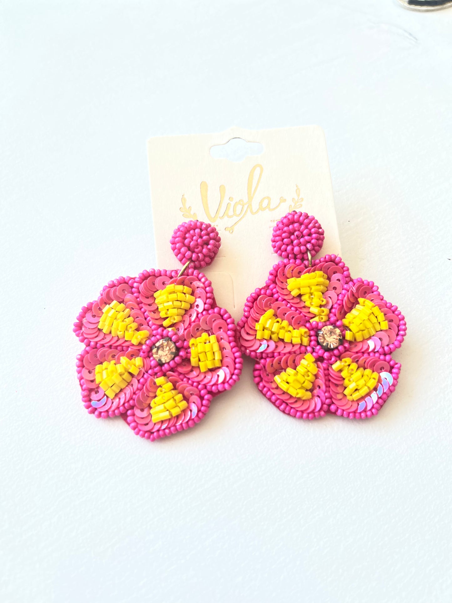 Hot Pink Beaded Flower Earring